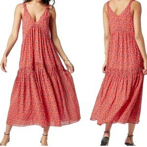Joie Tea Rose Cotton Tiered Maxi Dress Bohemian Loose Fit Sundress Pink Orange L